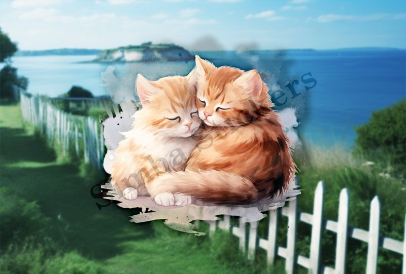 Cats cuddling, watercolour