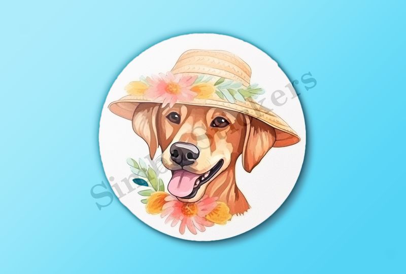 Dog in a flowery hat, with flowers