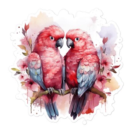 Sticker 5.5x5.5, Reddish parrots perching in pinkish background, watercolour, kzebwr