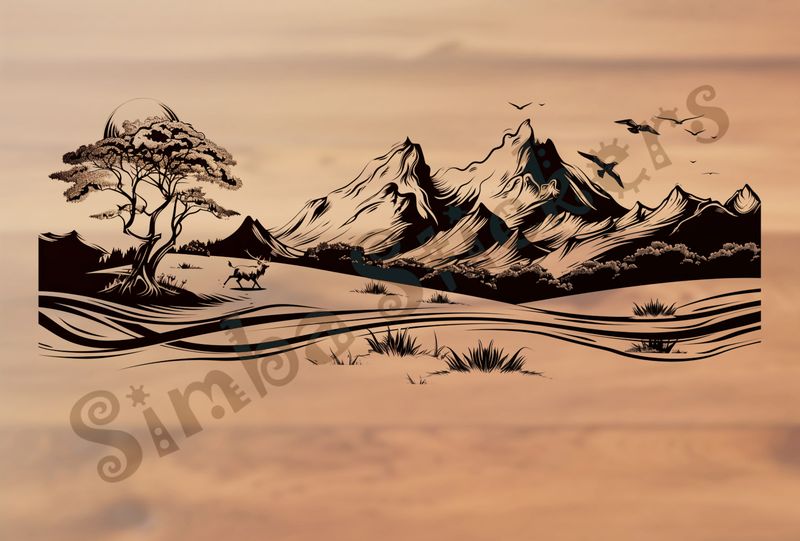 African Savanna landscape, mountain range, outline art