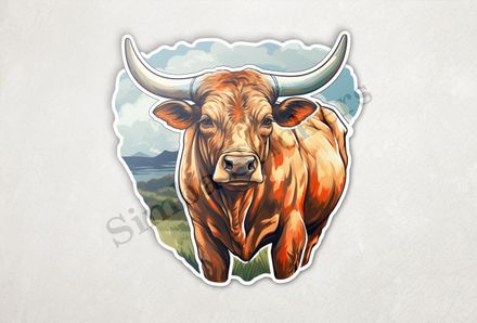 Bull grazing, cloudy blue background