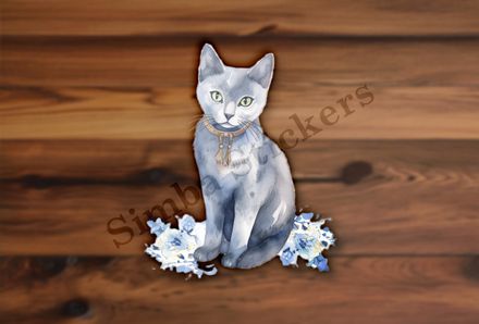 Russian blue cat sitting, watercolour