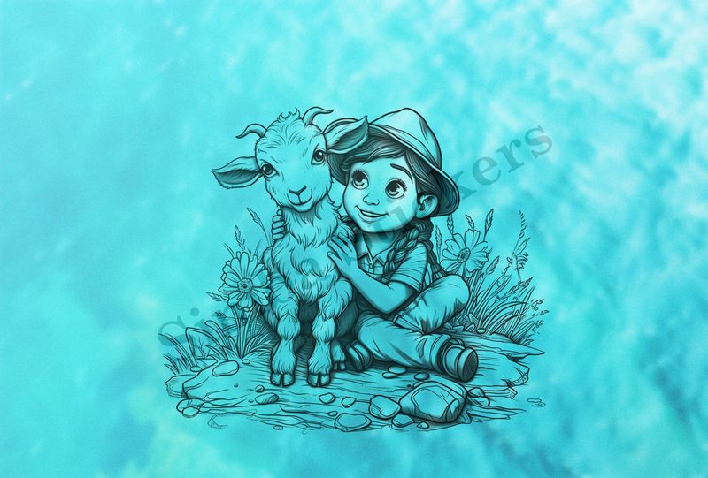 Goat kid hugged by girl, outline art