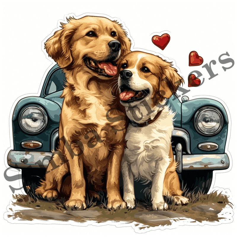 Dogs snuggling by car, watercolour, image set, 10 images