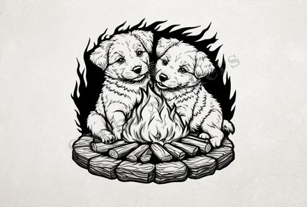 Dogs cuddling by a bonfire, romantic, outline art