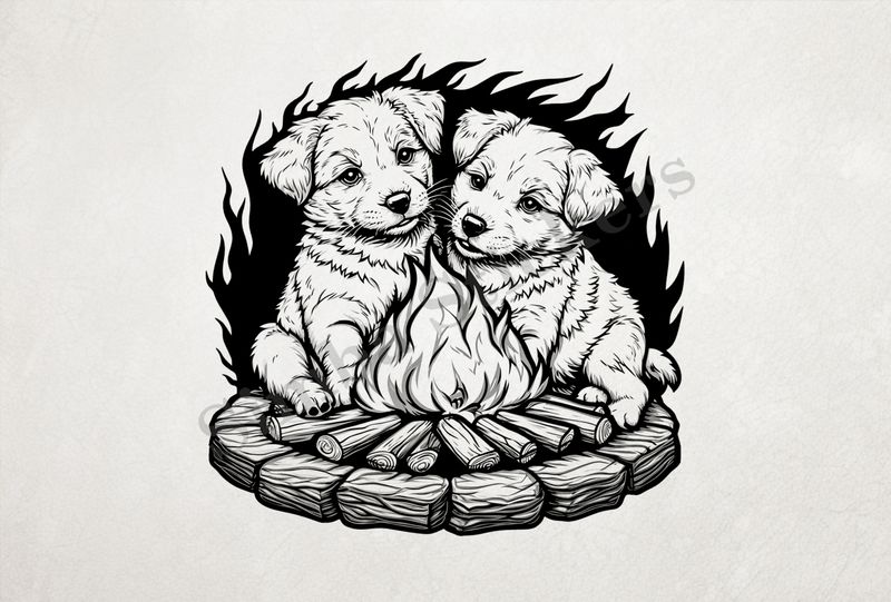 Dogs cuddling by a bonfire, romantic, outline art