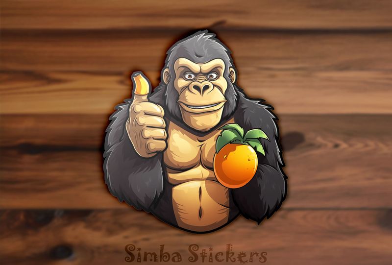 Gorilla holding a fruit and doing thumbs up sign, excrbt