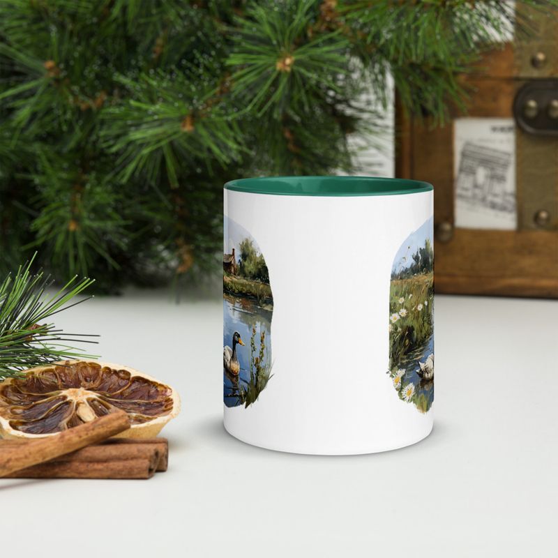 White Ceramic Mug with Color Inside, 11 &amp;15oz, Ducks in love swimming in farmhouse pond 
