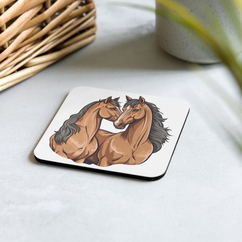 Cork-Back Coaster, Two brown horses snuggling, tdwcyd, mirrored
