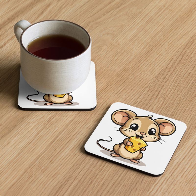 Cork-Back Coaster, Small Mouse happily licking large chunk of cheese, pqapy6, mirrorred
