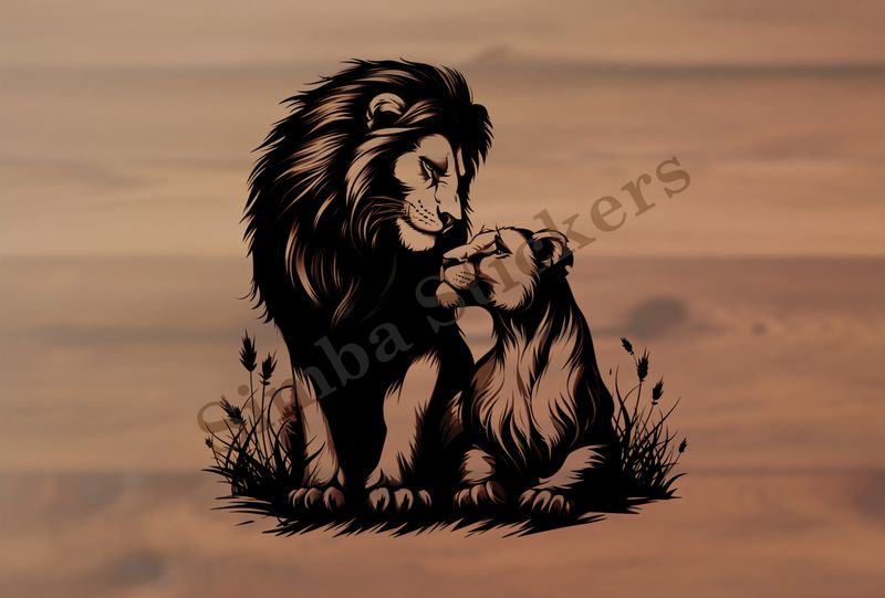 Lioness cuddling and looking up to lion ,  outline art