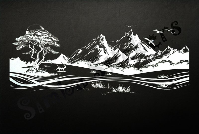 African Savanna landscape, mountain range, outline art