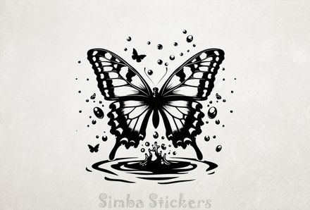 Butterfly floating above a river and making a splash, outline art, l4vw2l