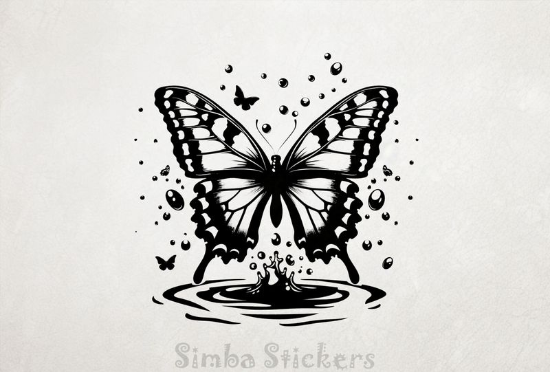 Butterfly floating above a river and making a splash, outline art, l4vw2l