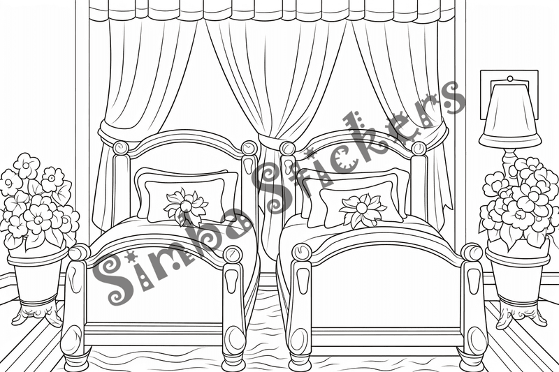 Colouring pages, bundle of house bedrooms, 25 images