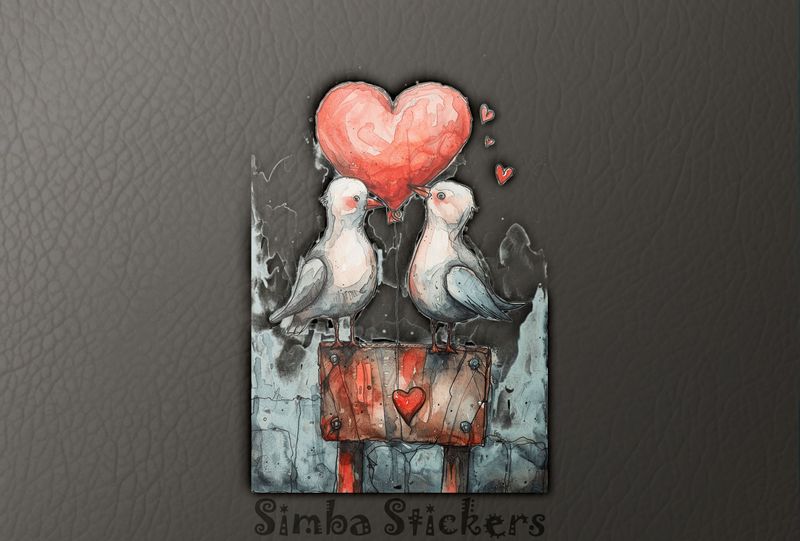 Seagulls on either side of a Valentine&#x27;s heart balloon, watercolour, wm9x53
