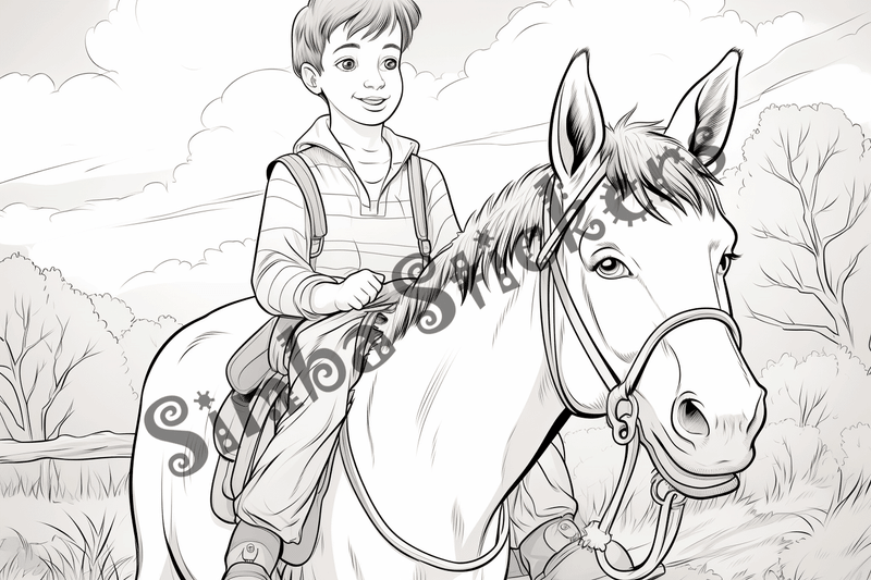 Colouring pages, bundle of donkeys carrying goods or people 10 images