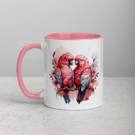 White Ceramic Mug with Color Inside, 11&amp;15oz, Reddish parrots perching in pinkish background, kzebwr