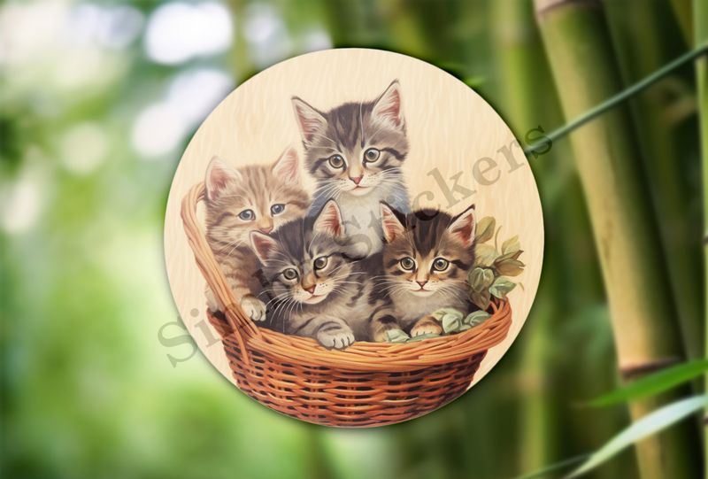 Four kittens in a basket, vintage watercolour