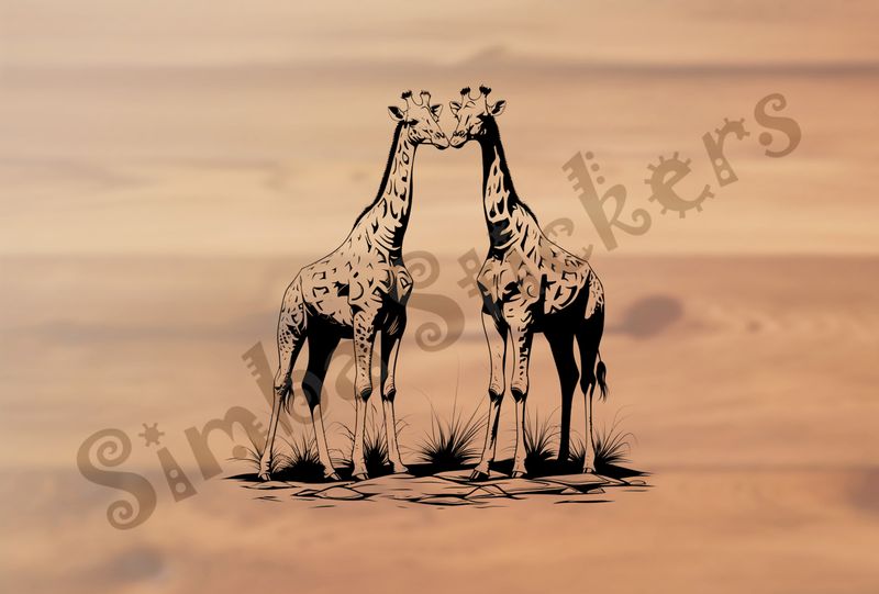 Giraffes nose-to-nose in the Savanna, outline art