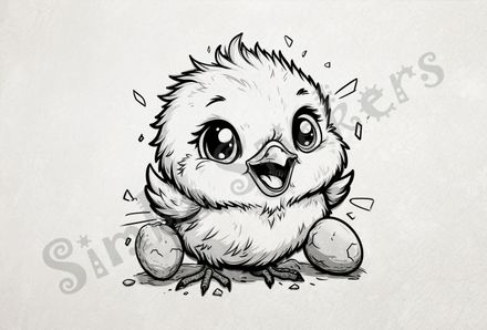 Chick just hatched, next to 2 smaller eggs, outline art