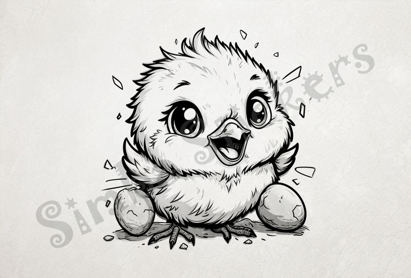 Chick just hatched, next to 2 smaller eggs, outline art