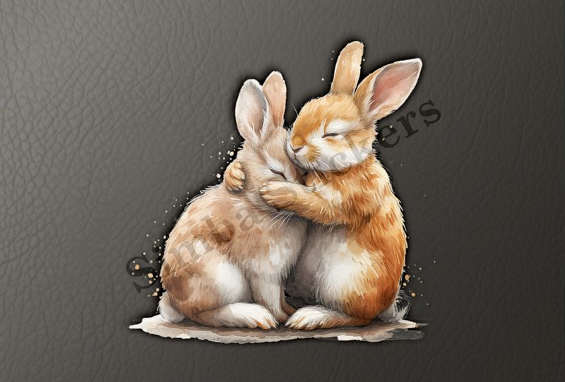 Bunnies in love , one hugging the other affectionately