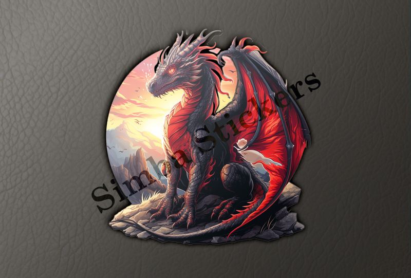 Black and red dragon perching on a high rock in the sunrise