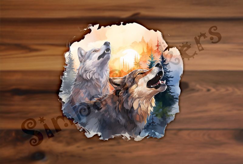 Wolves howling at the moon at sunset