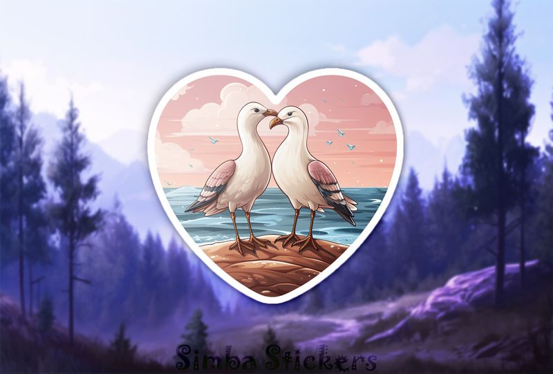 Seagulls in love in pinkish sunset inside Valentine&#x27;s heart, rvjzrm