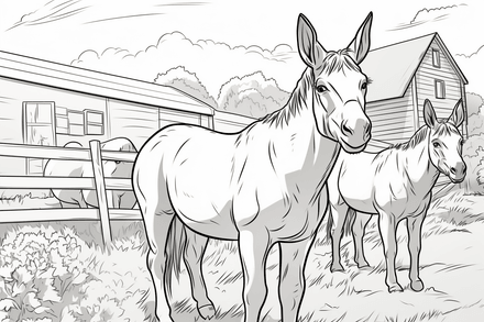 Colouring pages, bundle of donkeys with children, 25 images 2