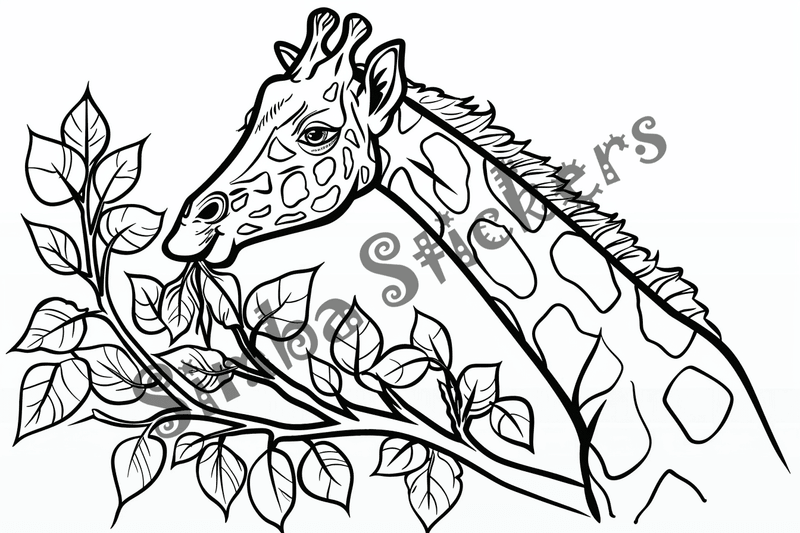 Colouring pages, bundle of giraffes towering above trees and shrubs, 10 images