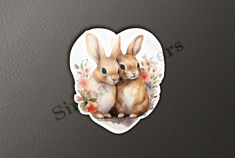 Rabbits in love amongst flowers, white background