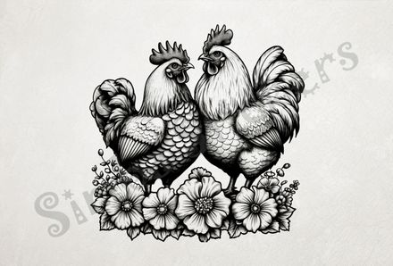 Hen and rooster chicken in love, over flowers