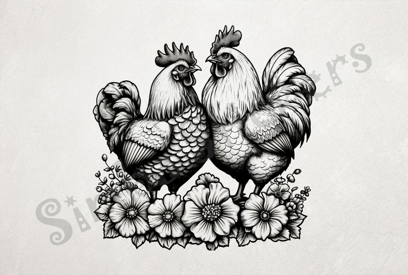 Hen and rooster chicken in love, over flowers