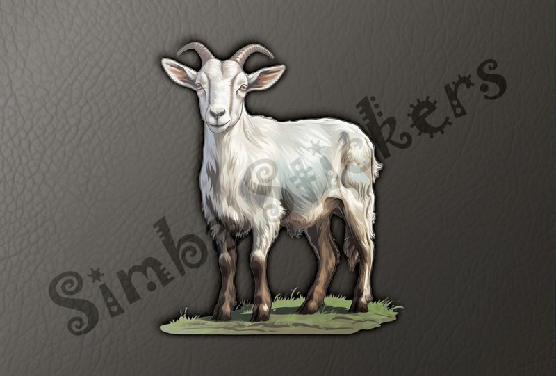 White goat look standing on green patch