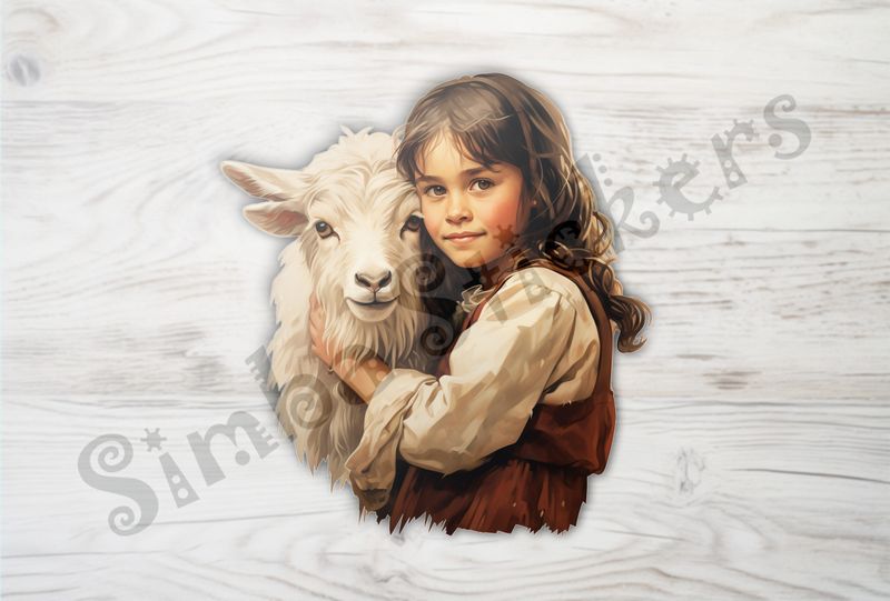 Goat kid in arms of brunette girl