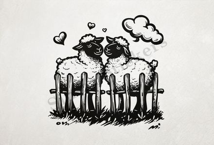 Sheep in love behind a fence, outline art