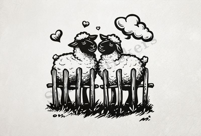 Sheep in love behind a fence, outline art