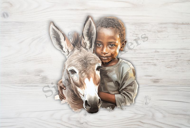 Donkey held by small boy of Indian origin