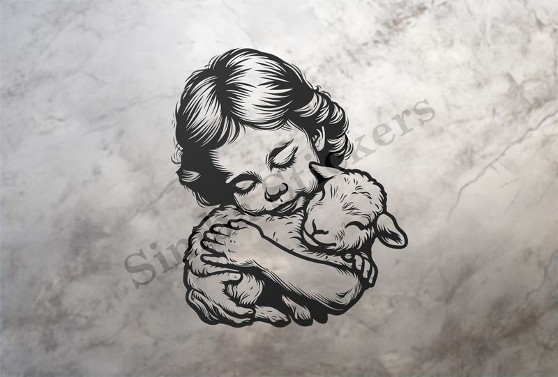 Lamb hugged by small Mediterranean girl , outline art