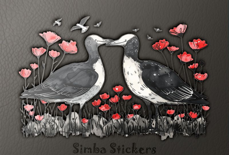 Seagulls in love beak-to-beak among flowers, watercolour, yloot2