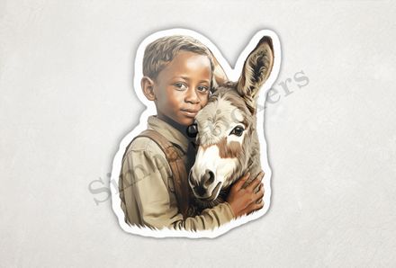 Donkey hugged by small child of African origin
