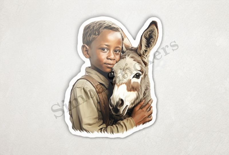 Donkey hugged by small child of African origin
