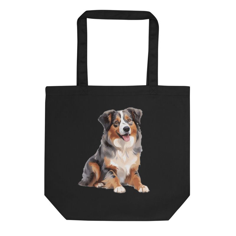 Eco Tote Bag, Australian Shepherd dog sitting with tongue out, multiple colours
