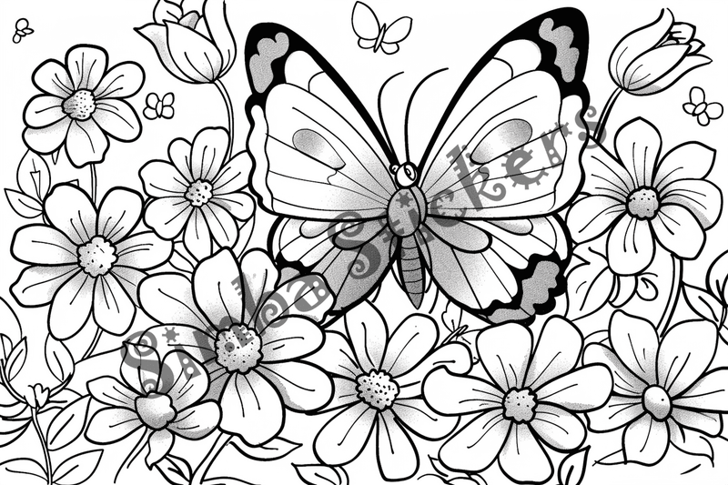 Colouring pages, bundle of butterflies over food or flowers, 25 images