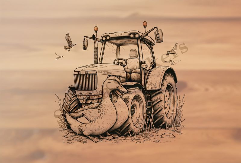 Ducks cuddling in front farmer&#x27;s tractor, under other birds, outline art
