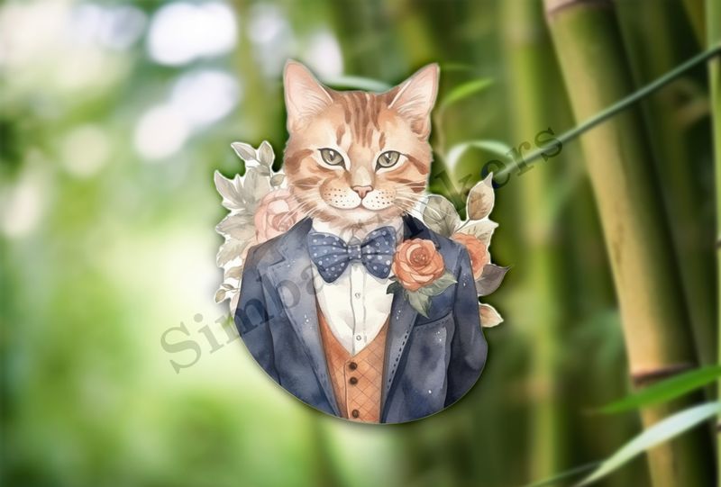 Cat in vitage suit, flower in pocket, watercolour