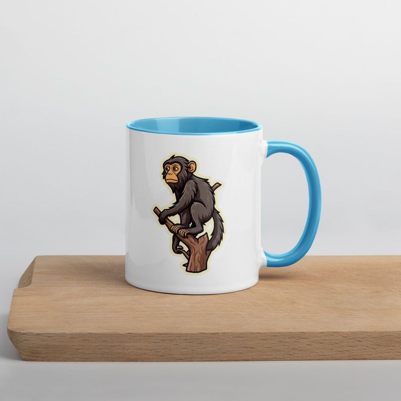 White Ceramic Mug with Color Inside, 11oz &amp; 15oz, Baboon on a tree, looking sad, head-to-head