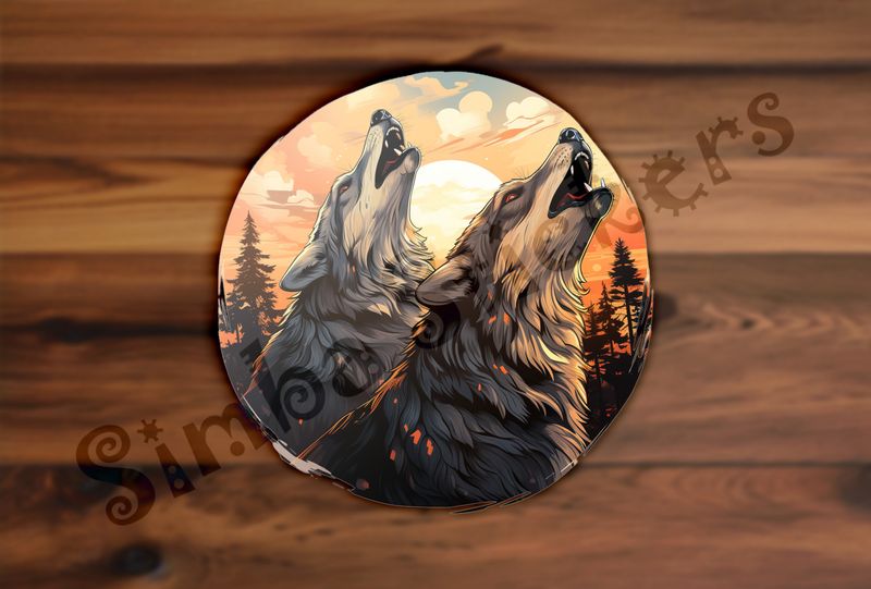 Wolves howling at the moon under dramatic sky
